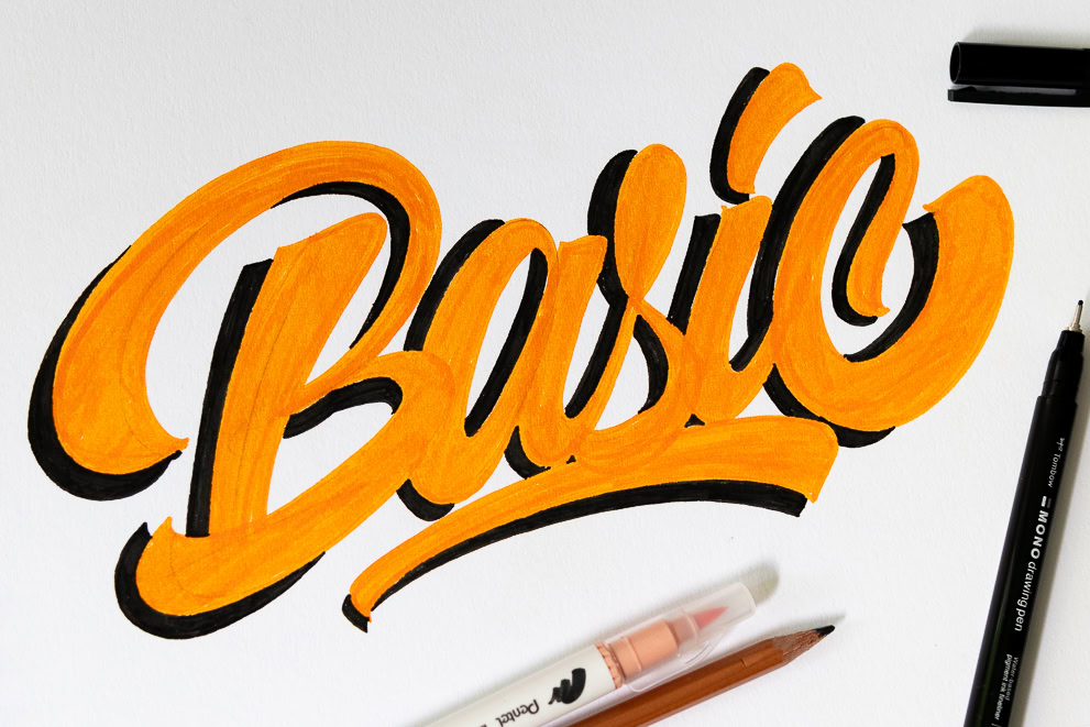 Handwritten 'Basic' in vibrant orange script