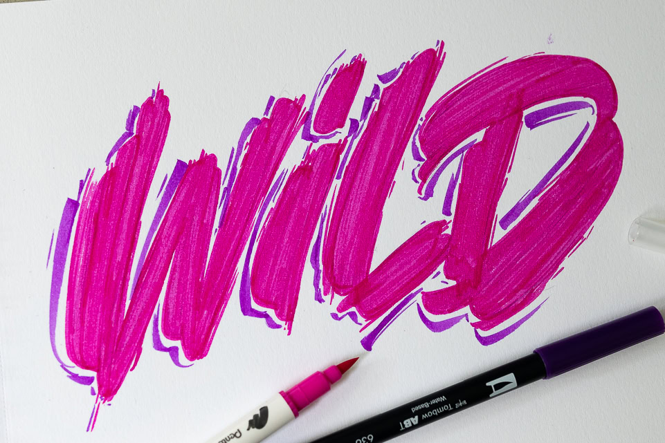 Bold pink lettering spelling 'WILD' on paper.