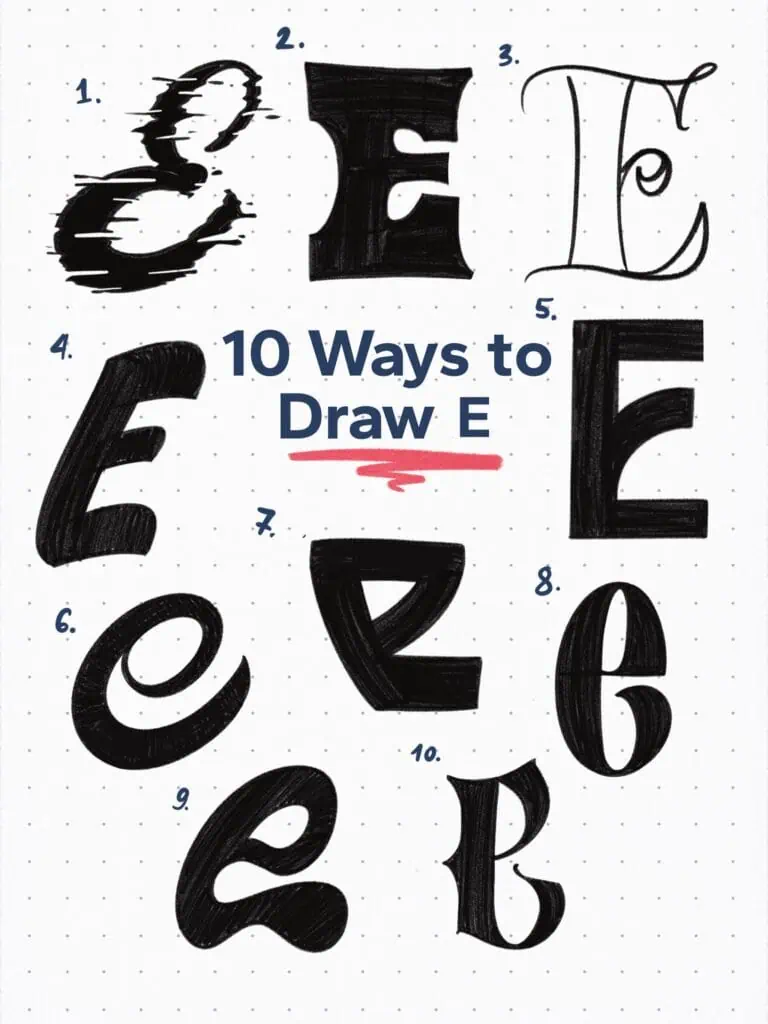 Varied styles demonstrating ten ways to draw 'E'.