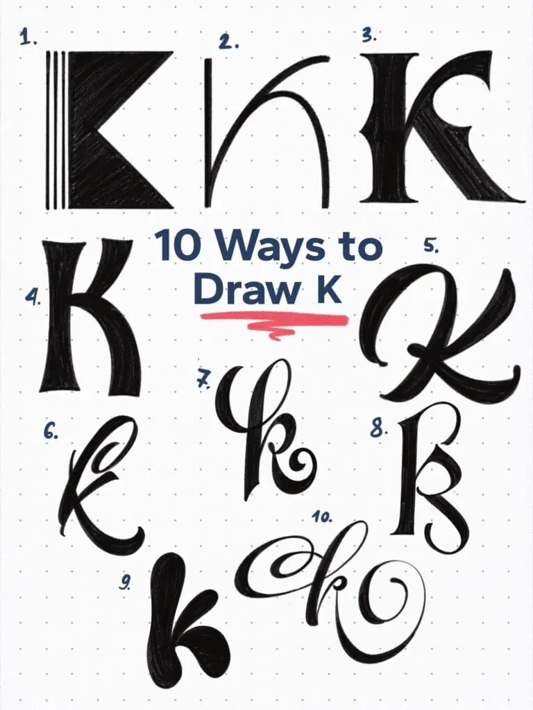 Illustrations of ten creative ways to draw 'K'.