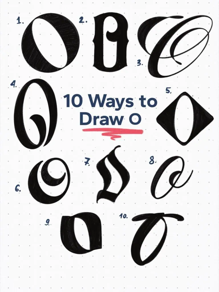 Stylized letter O variations and drawing techniques.