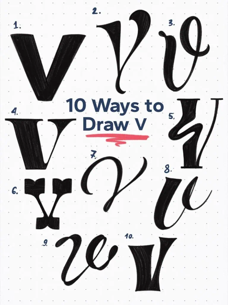 Ten creative styles to draw the letter V.