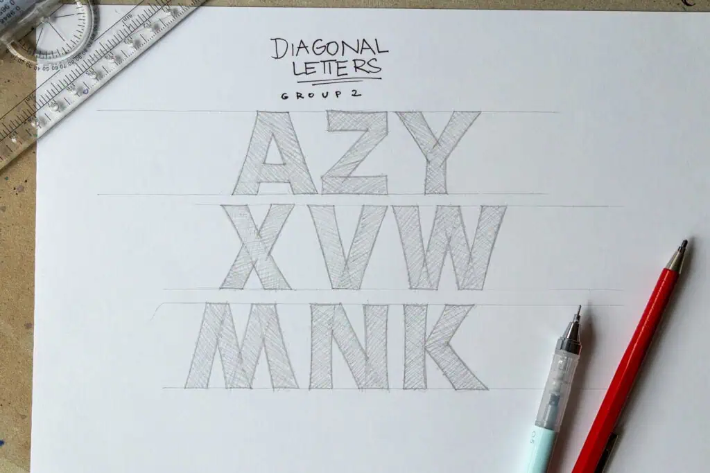 Sketch of diagonal letters A, Z, Y, X, W, M, N, K