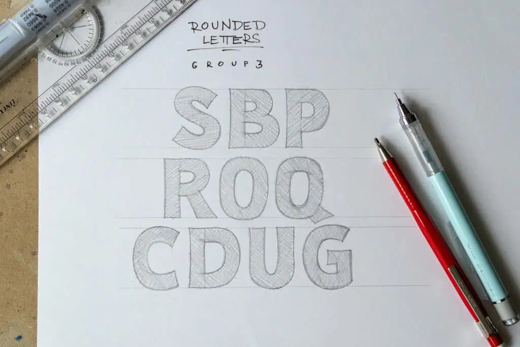 Sketch of rounded letters labeled SBP, ROQ, CDUG.