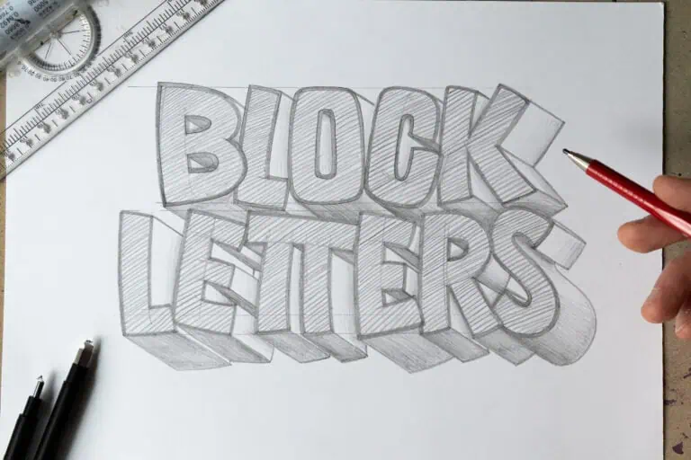 Hand drawing block letters with pencils.