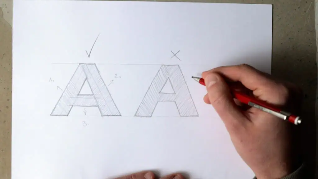Drawing detailed letter 'A' sketches on paper.