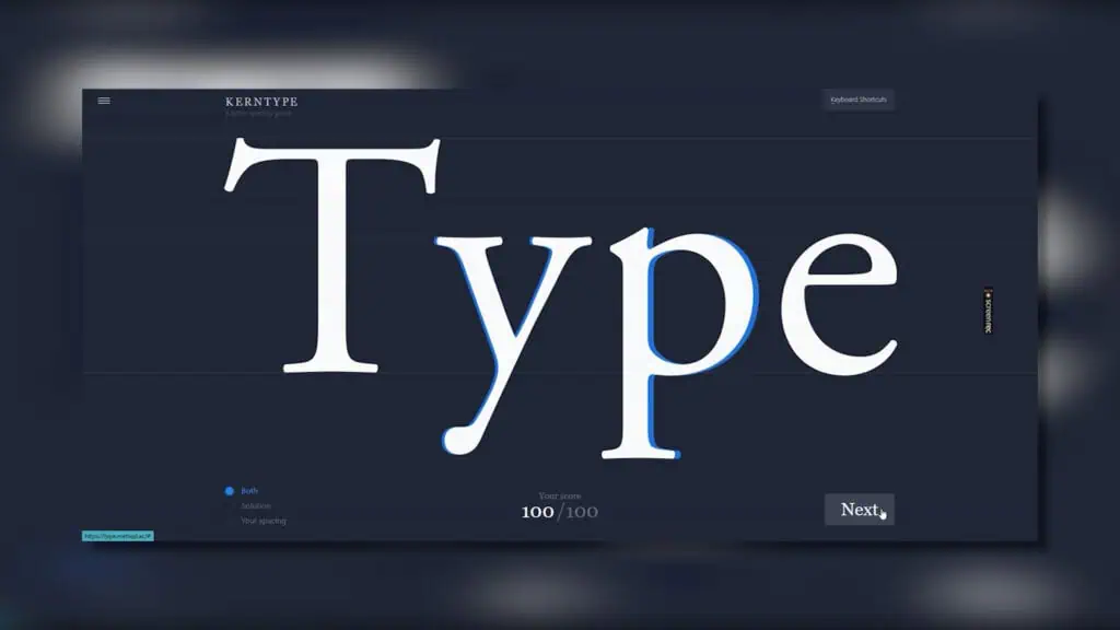 Kerning game showing the word 'Type' prominently